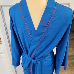 Christian Dior Robe de Chambre Men's Vintage Blue W Red Trim Cotton One Size